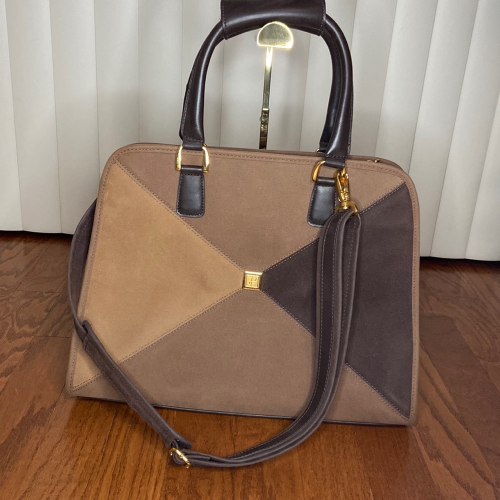 Diane Von Furstenberg Patchwork Suede Satchel in Light Brown and Dark Brown